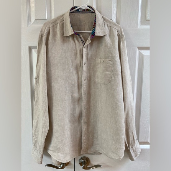 Bugatchi Uomo Tan Linen Button Up Long Sleeves with Roll Tabs Size XL? - Picture 1 of 12